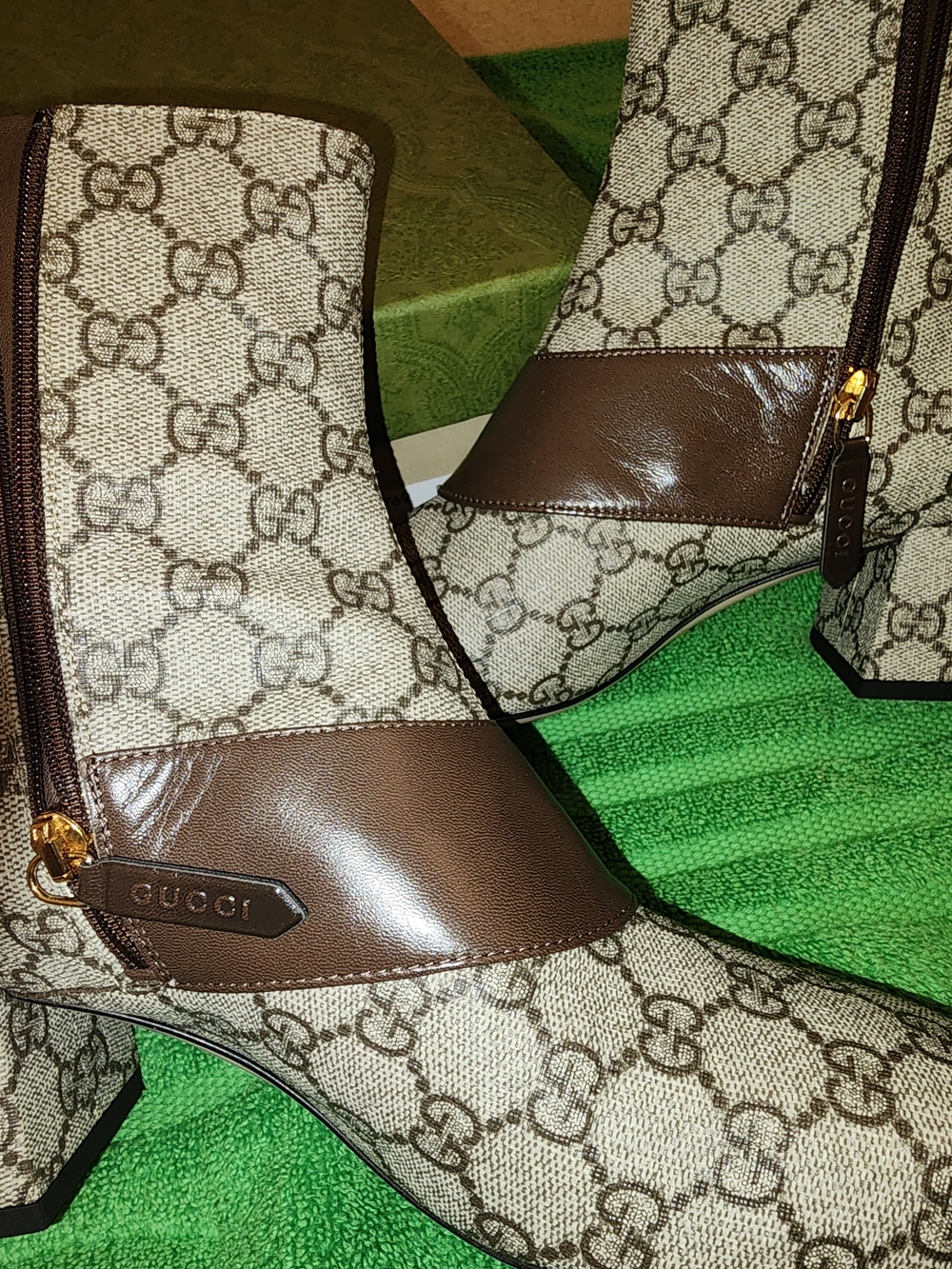 Gucci Beige Brown GG Canvas Mid Heel Ankle Boots with Gold Logo - Picture 4 of 13